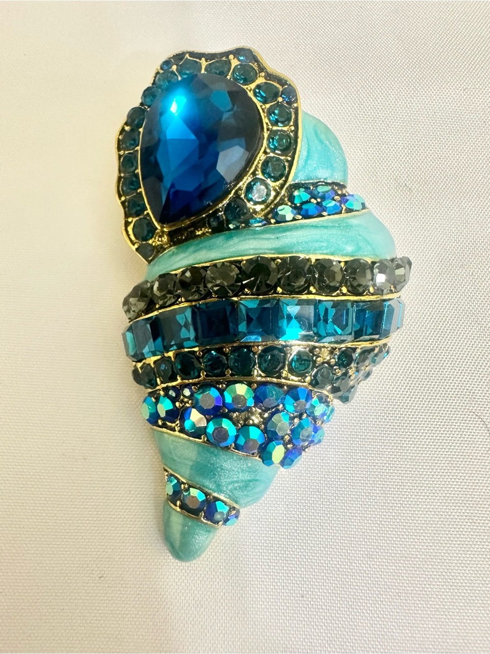 Elegant Teal and Blue Crystal Shell Brooch - Designer Style